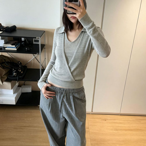 秋季含羊毛假两件翻领针织衫女