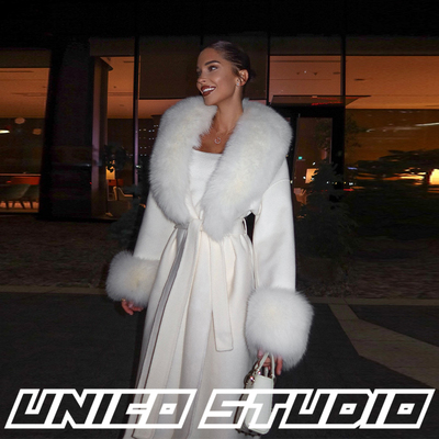 超大毛领人造皮草系带长款大衣