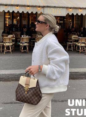欧美ins博主辣妹上身羊羔毛纯色宽松廓形飞行夹克上衣棒球服外套