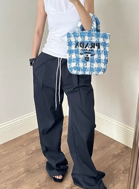 空气感！百搭简约中性风显瘦撞色抽绳尼龙松弛休闲长裤女直筒裤
