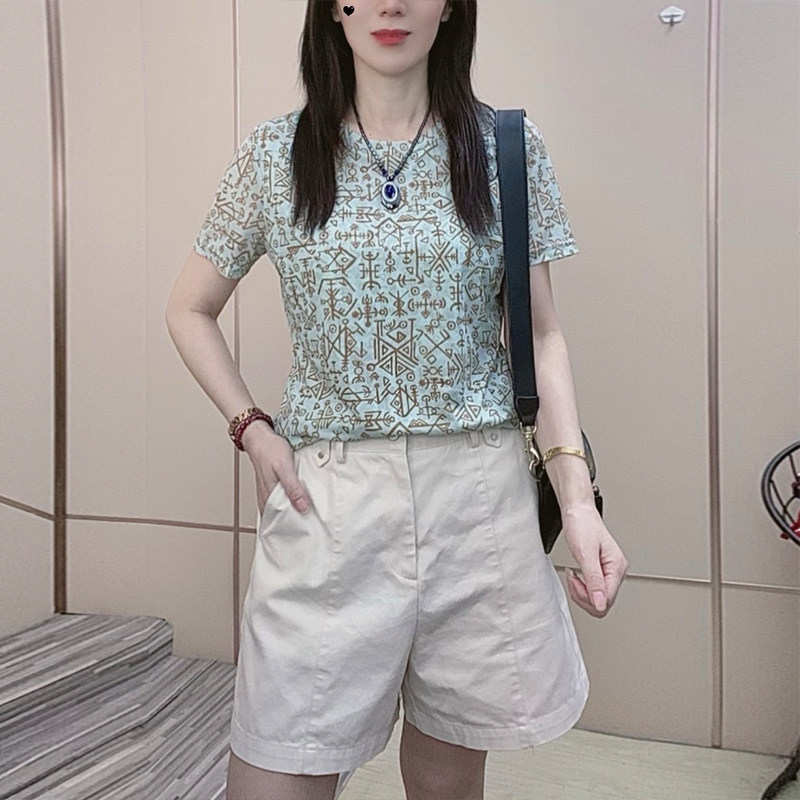 2026夏季女装新款甲骨文字青绿色网纱圆领T恤女时尚透气遮肉短袖T