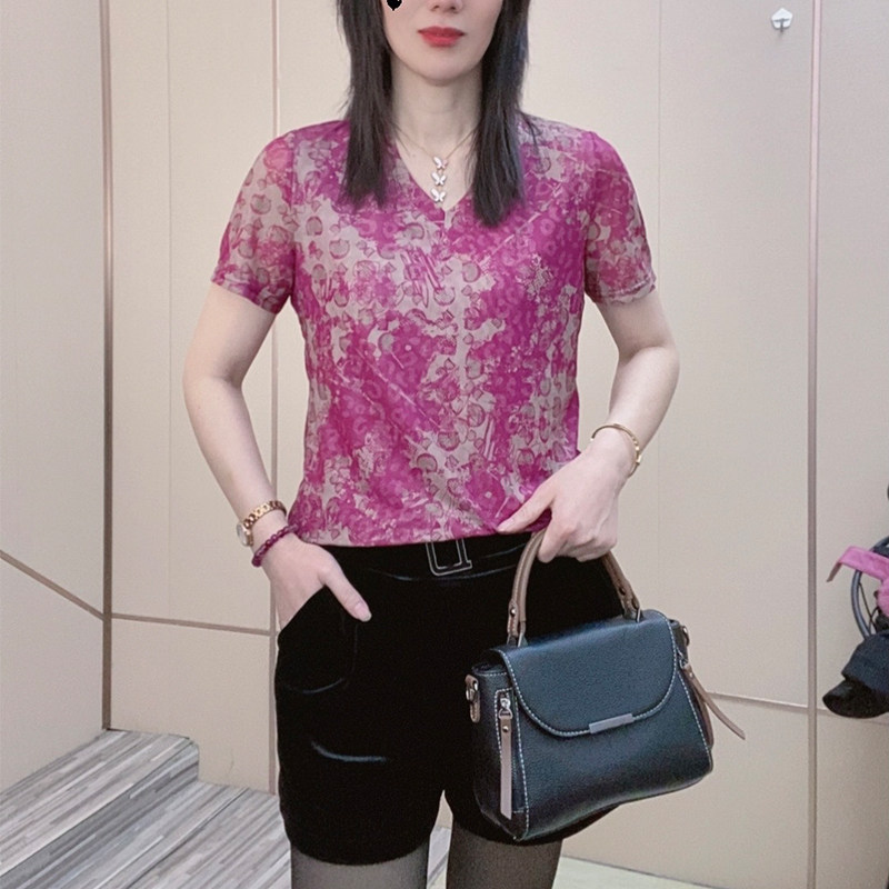 2025夏季新款女装V领紫罗兰肌肤纱短袖t恤女宽松遮肚轻薄透气体恤