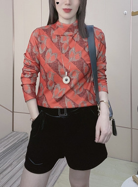 2025冬季新款橙色翻领加绒t恤长袖女保暖舒适打底衫洋气上衣女T恤