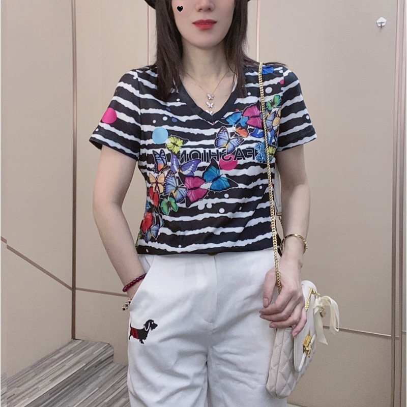 欧货2025夏季女装新款V领定位花蝴蝶印染上衣女轻薄透气短袖T恤女