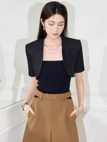 小坎肩西服披肩无领短袖西装外套罩衫短款夏季配吊带裙子外搭开衫