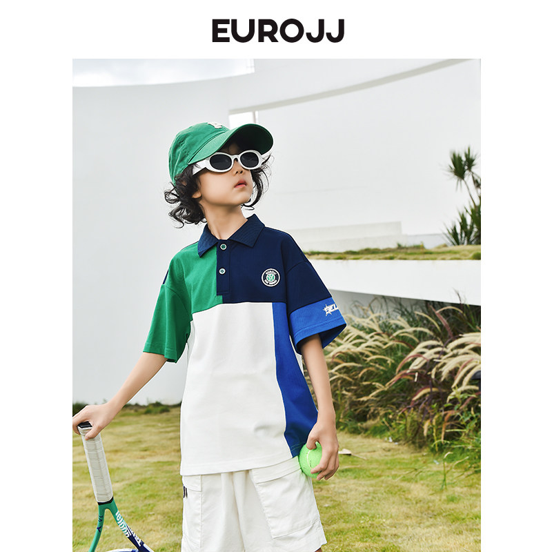 欧恰恰童装男童翻领t恤夏季新款儿童休闲运动衫拼色短袖潮酷上衣