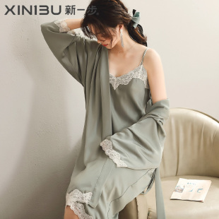 新一步冰丝超薄中长款 睡衣女士蕾丝V领吊带凉感性感两件套家居服