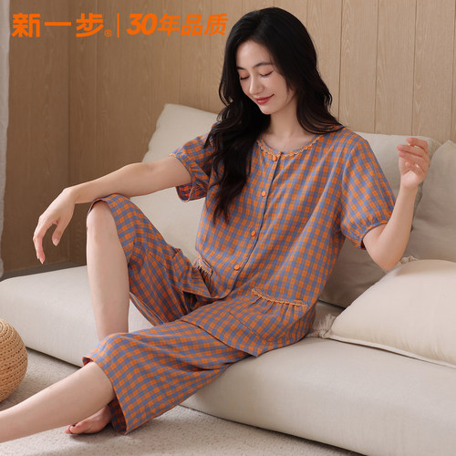 新一步睡衣女夏季薄款梭织纯棉格子开衫七分裤中年妈妈家居服套装