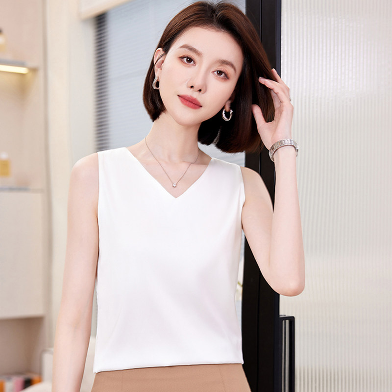 真丝雪纺T恤吊带女春夏打底衫西装内搭上衣外穿V领显瘦无袖小背心