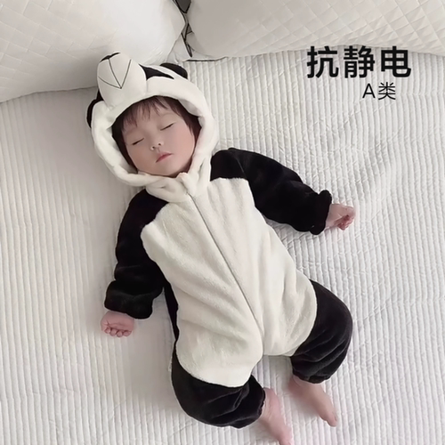婴幼儿秋冬季新款熊猫哈衣万圣节老虎cos服法兰绒加厚宝宝长爬服2