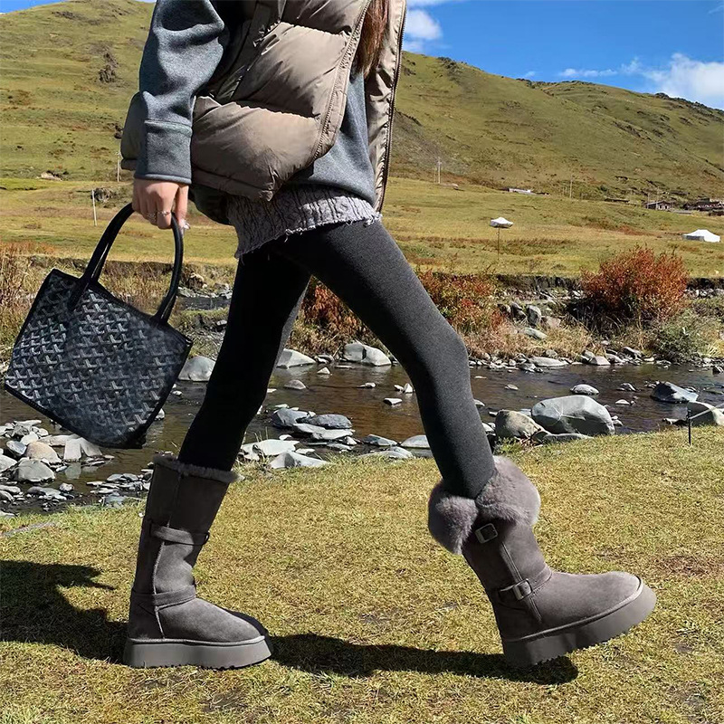 灰色厚底毛毛保暖雪地靴女长筒2025年冬季新款皮带扣加绒加厚棉鞋