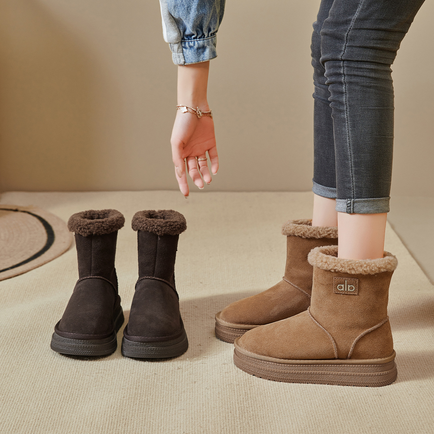 真皮版~厚底两穿雪地靴女2025冬季新款加绒加厚保暖短中筒靴棉鞋