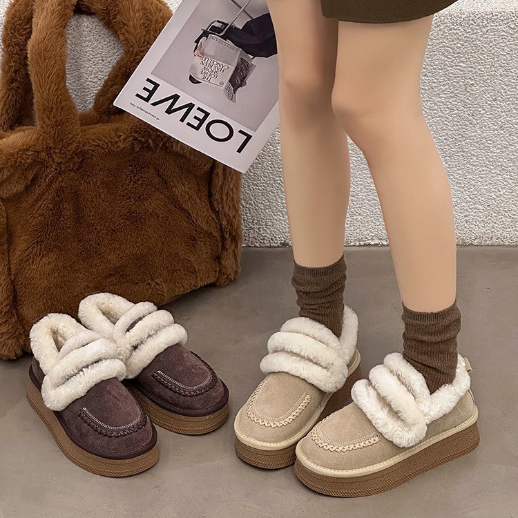 韩版皮毛一体乐福雪地棉鞋女2025新款加厚毛绒舒适保暖厚底雪地
