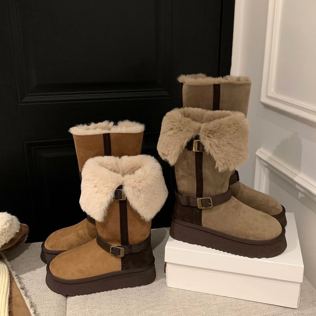 ~雪国列车【增高5cm】中长筒绒皮秋冬季加绒保暖雪地靴女