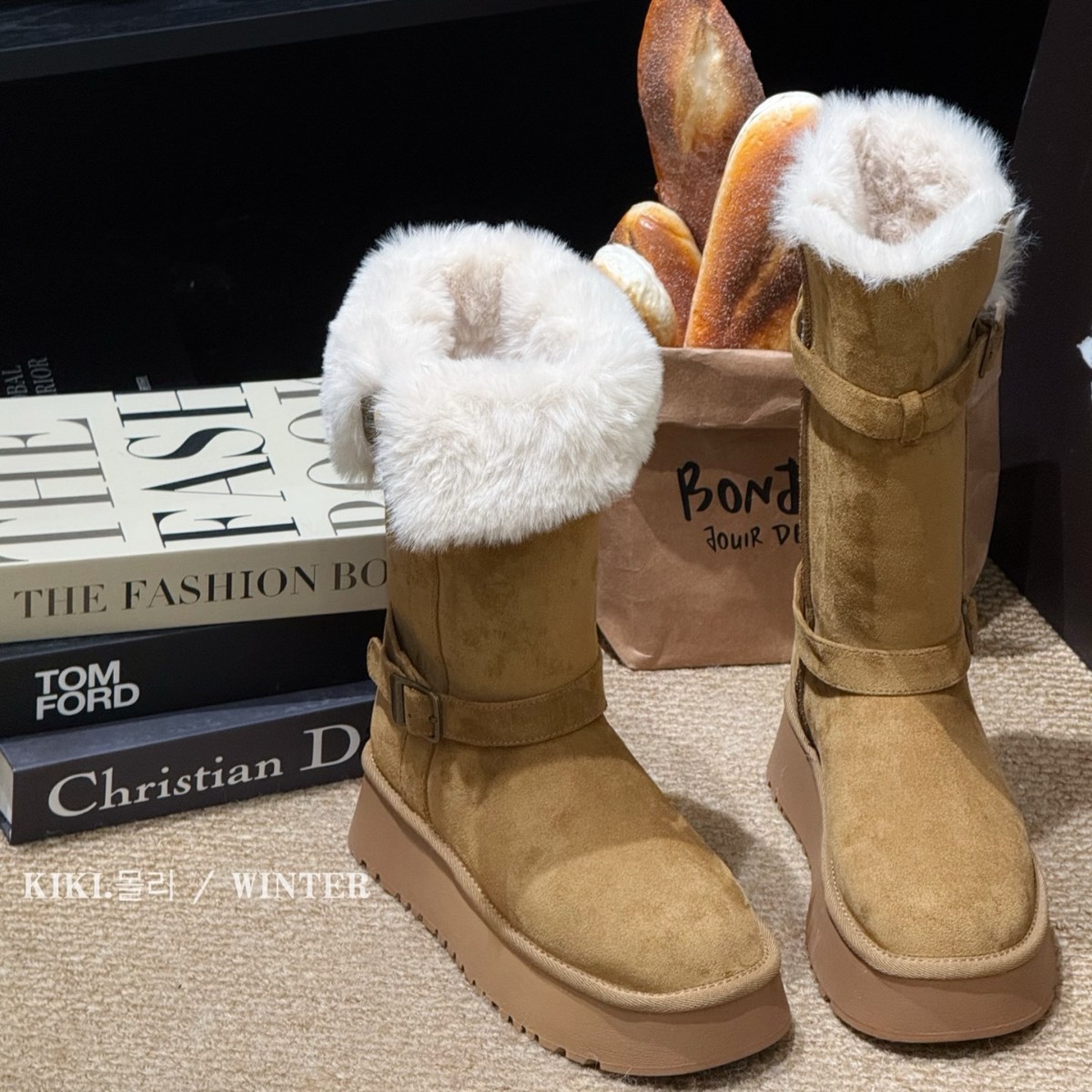 厚底长筒雪地靴女2025冬季新款加绒保暖毛毛短靴扣带装饰东北棉靴