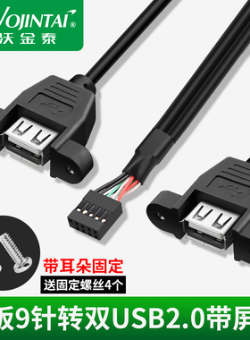 主板9Pin杜邦2.54转USB2.0两接口扩展线带耳朵螺丝孔固定9针转USB线双口数据延长线USB扩展线转接线1分2接口
