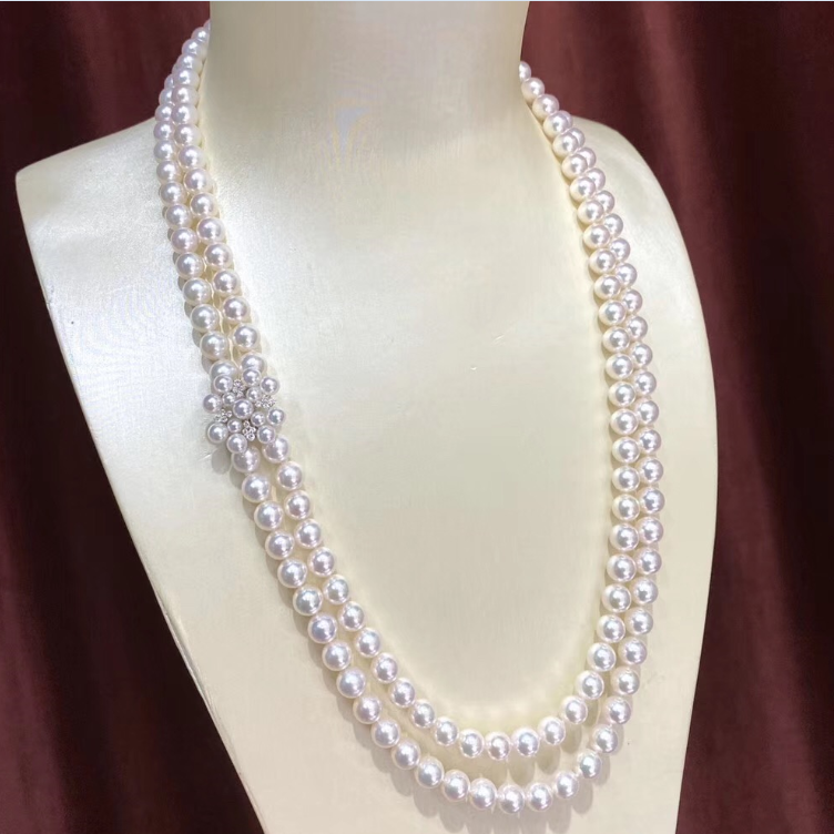 新款18k金钻石8-9mm天然日本akoya海水珍珠花珠双层花朵毛衣项链