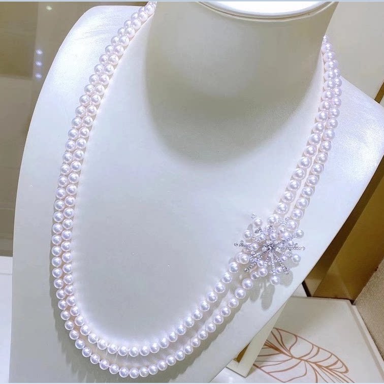 18k金钻石6.5-7mm天然日本akoya珍珠双层花朵胸针毛衣项链两戴款