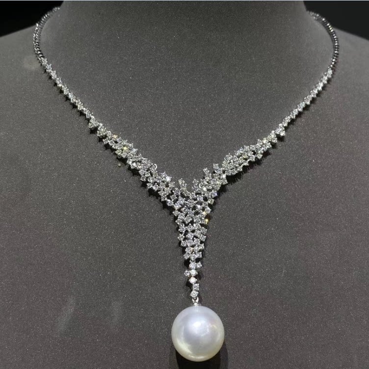 新品18k金钻石15--16mm天然南洋海水大珍珠经典豪华锁骨项链项坠