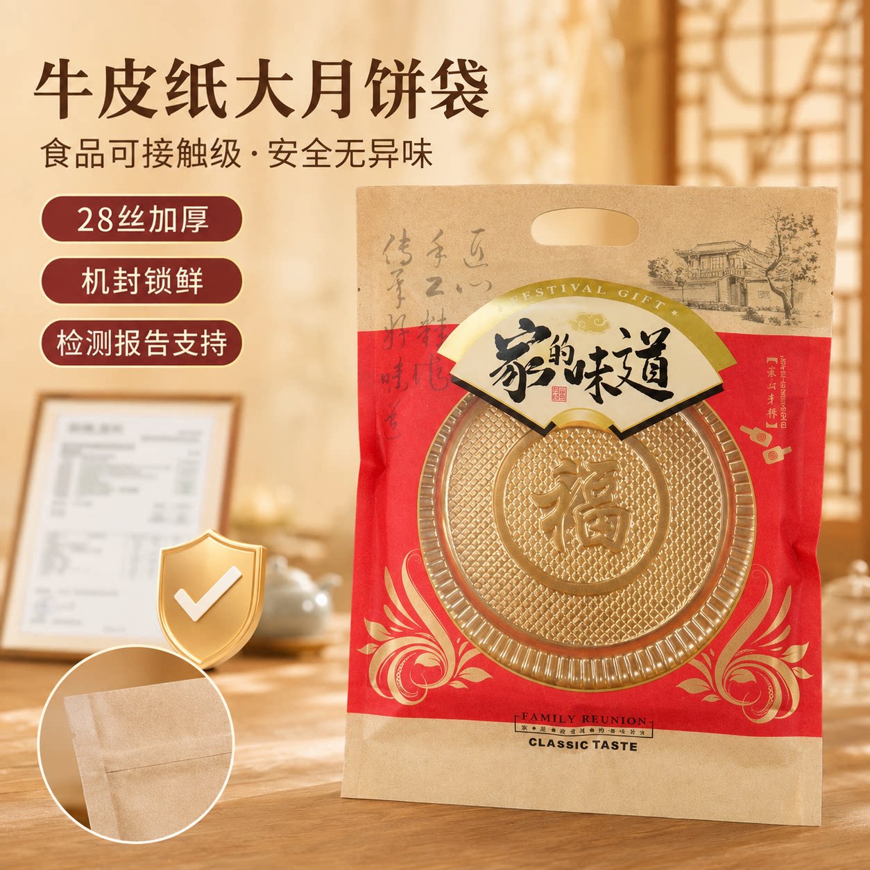 2026新款中秋大月饼包装袋牛皮纸加厚广式礼饼喜饼机封袋子带底托