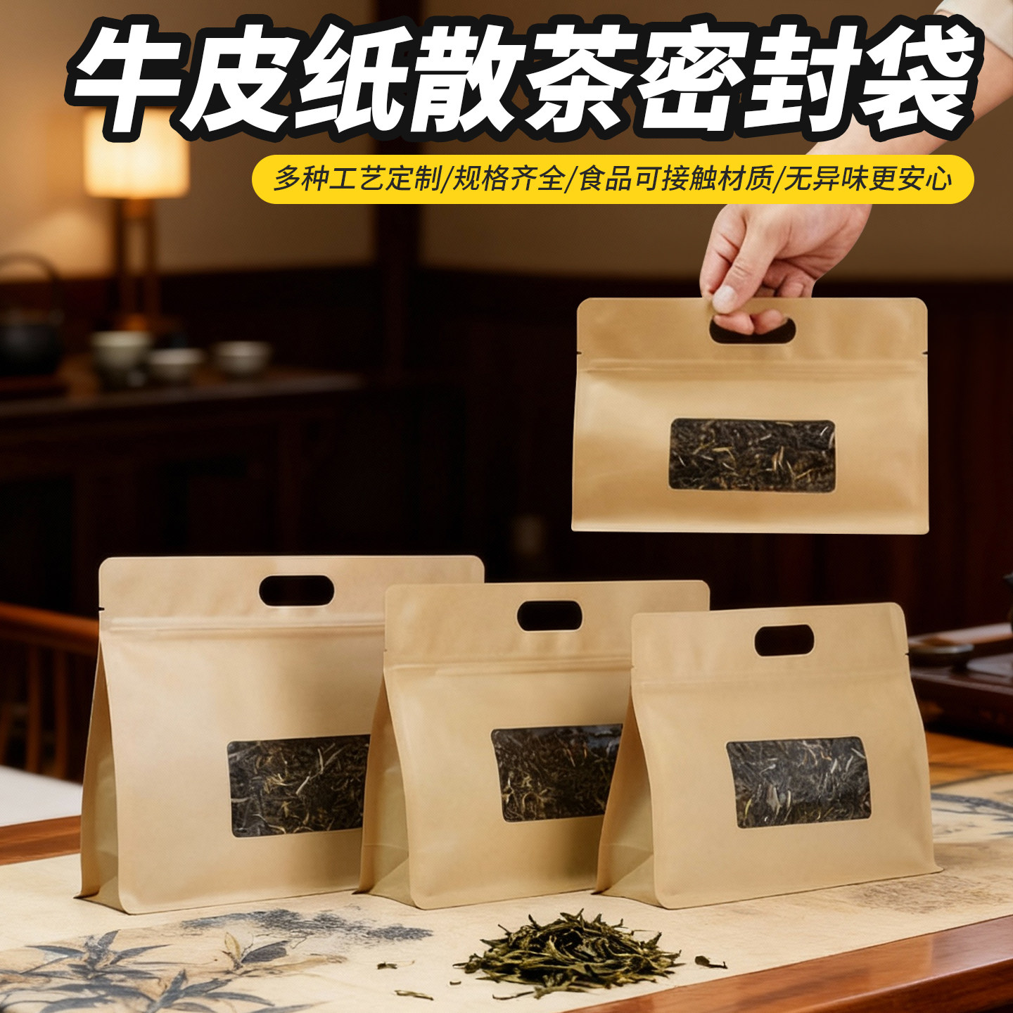茶叶包装袋普洱白茶密封袋牛皮纸开窗八边封自封自立袋散茶收纳袋