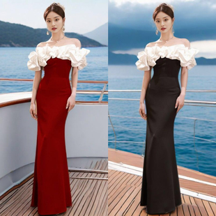 法式绝美高端一字肩连衣裙女夏季名媛气质轻奢高级感宴会晚礼服裙