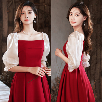 酒红色大码敬酒服新娘结婚订婚高级感回门礼服女平时可穿胖mm显瘦