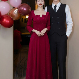 新娘高级感结婚订婚出阁敬酒服回门便装 红色长裙宴会演出晚礼服裙