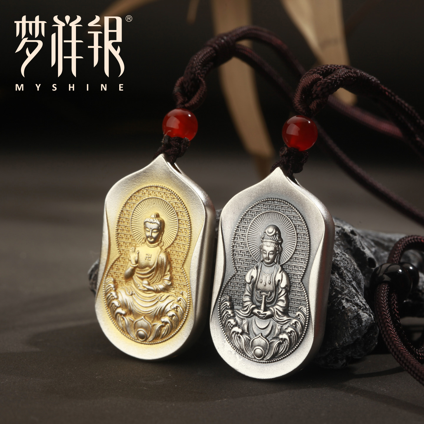 999足银吊坠观音佛牌空心项链坠