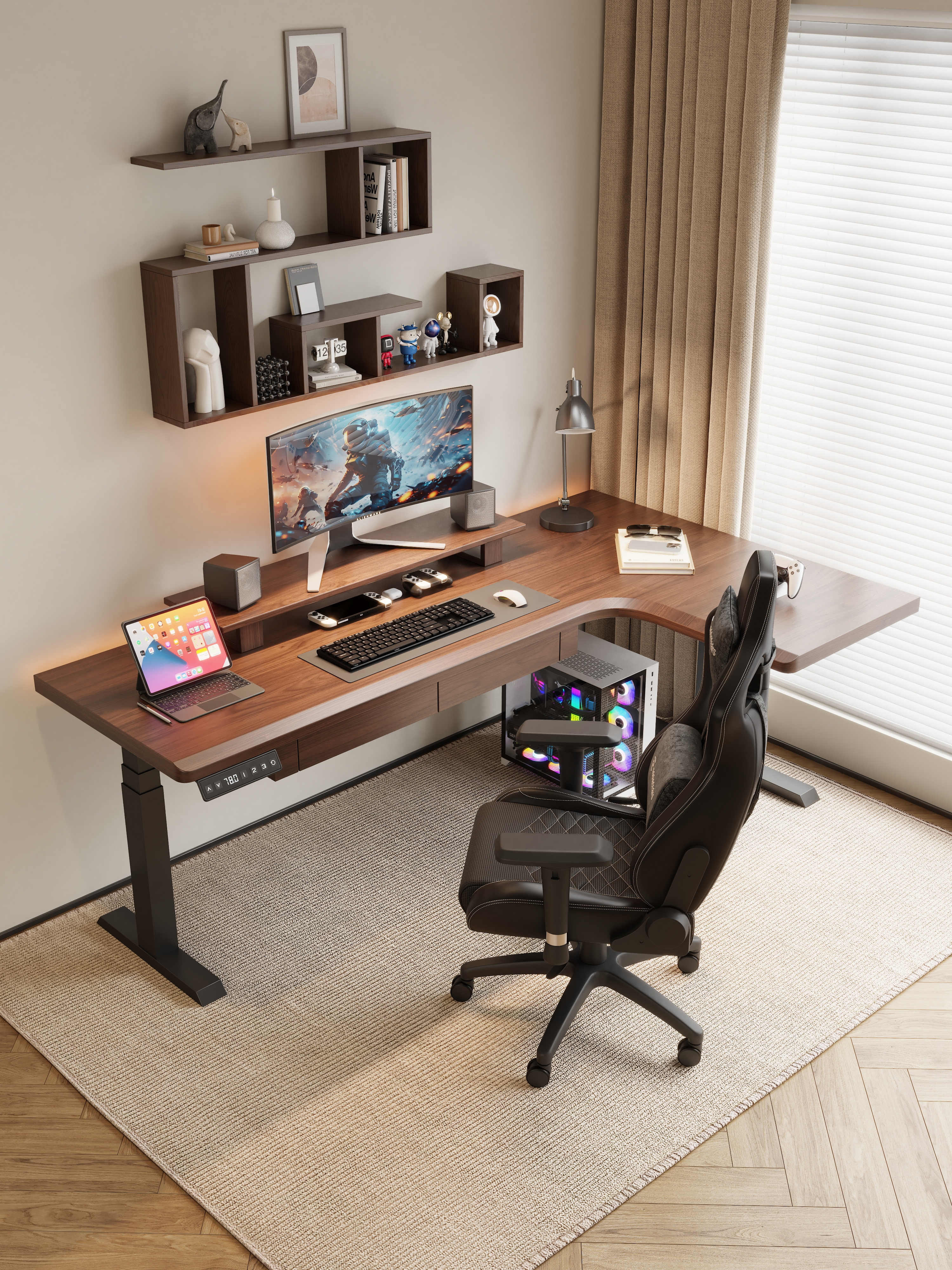 实木智能升降转角电竞桌家用L型电脑桌拐角带抽屉书桌办公桌