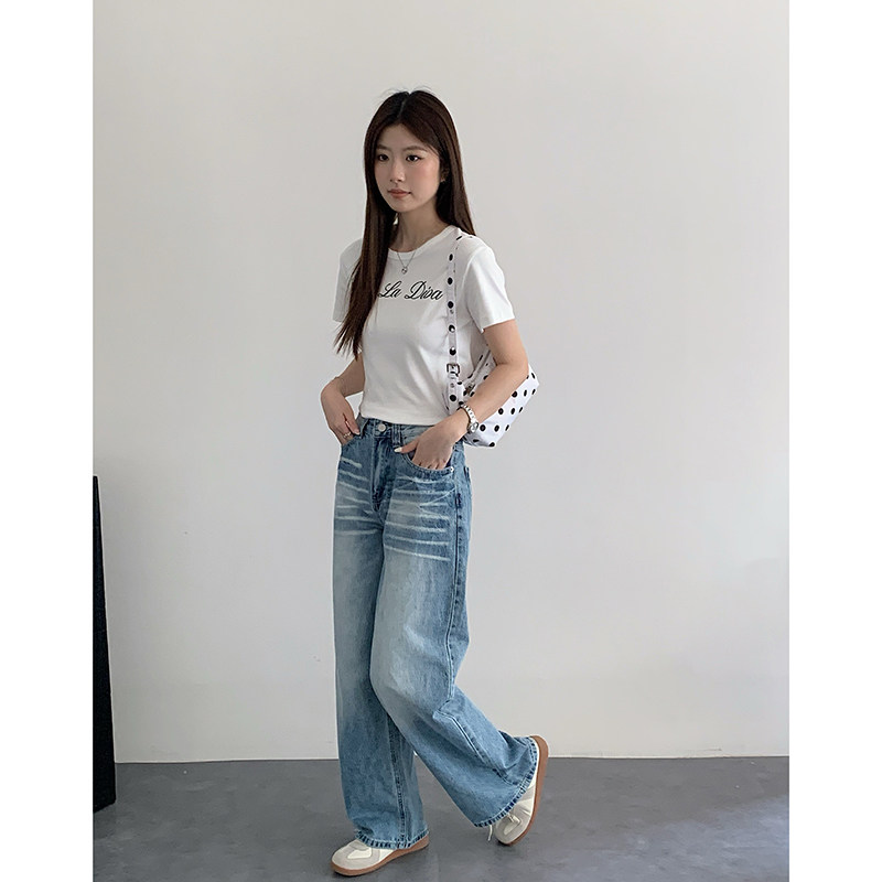 夏季高腰显瘦垂感阔腿牛仔裤