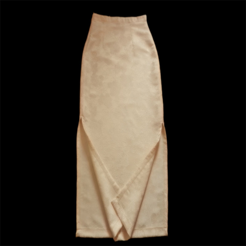 国风提花奶白黑色旗袍式高腰包臀