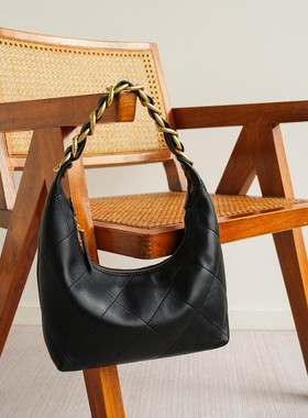 明星网红同款女包25K小香风大菱格纹嬉皮hobo腋下包粗链条单肩包