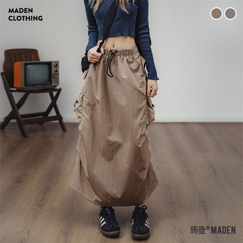 马登女装 卡其色工装裙子户外运动宽松裙春夏野营通勤中长半身裙