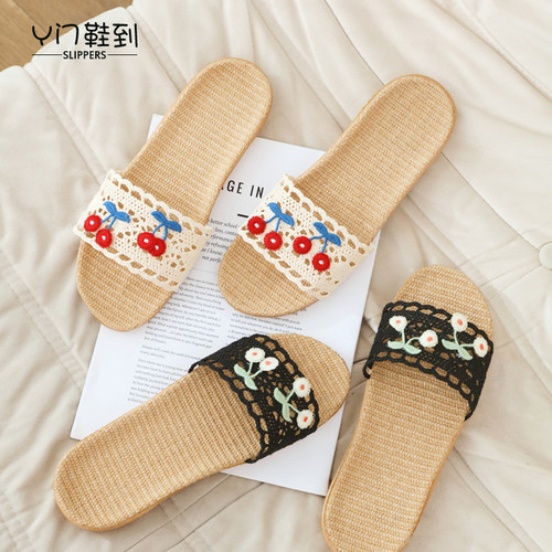 夏季民族风亚麻防滑刺绣一字拖