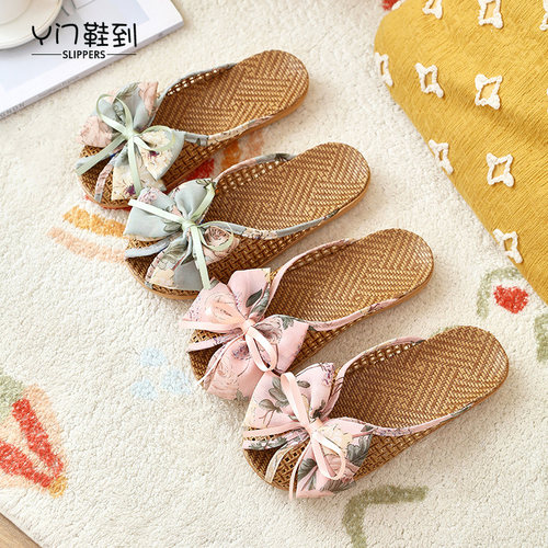 新款夏季藤席居家凉席拖鞋蝴蝶结家用室内清凉竹编鱼嘴包头鞋