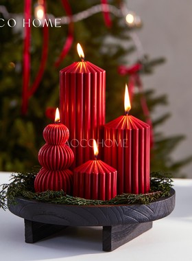 复古酒红色条纹香薰蜡烛新年圣诞餐桌高级感浪漫氛围家居装饰摆件