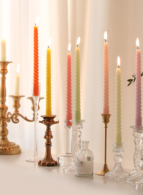 彩色扭扭螺旋长杆蜡烛家用无烟无味结婚烛光晚餐烛台氛围装饰摆件