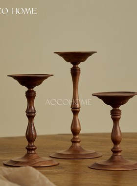 中古风实木烛台复古胡桃木罗马柱宽口摆件家居餐桌氛围感蜡烛托台
