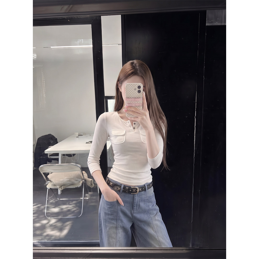 韩版白色长袖亨利领口袋T恤女早秋修身显瘦百搭打底衫松弛感上衣