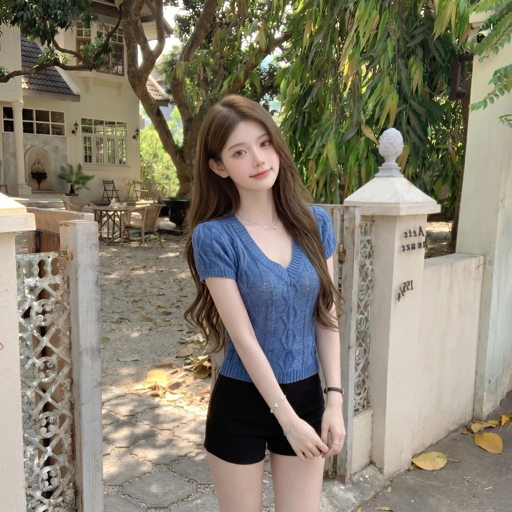 纯欲V领提花短袖麻花针织衫女夏季新款薄款蓝色修身显瘦百搭上衣