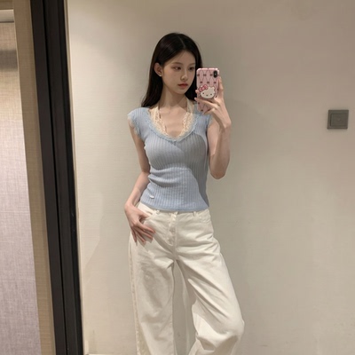 韩系小众花边V领修身针织背心女