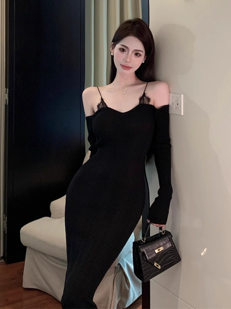黑色性感露肩长袖一字肩连衣裙女秋季新款修身显瘦拼接蕾丝包臀裙