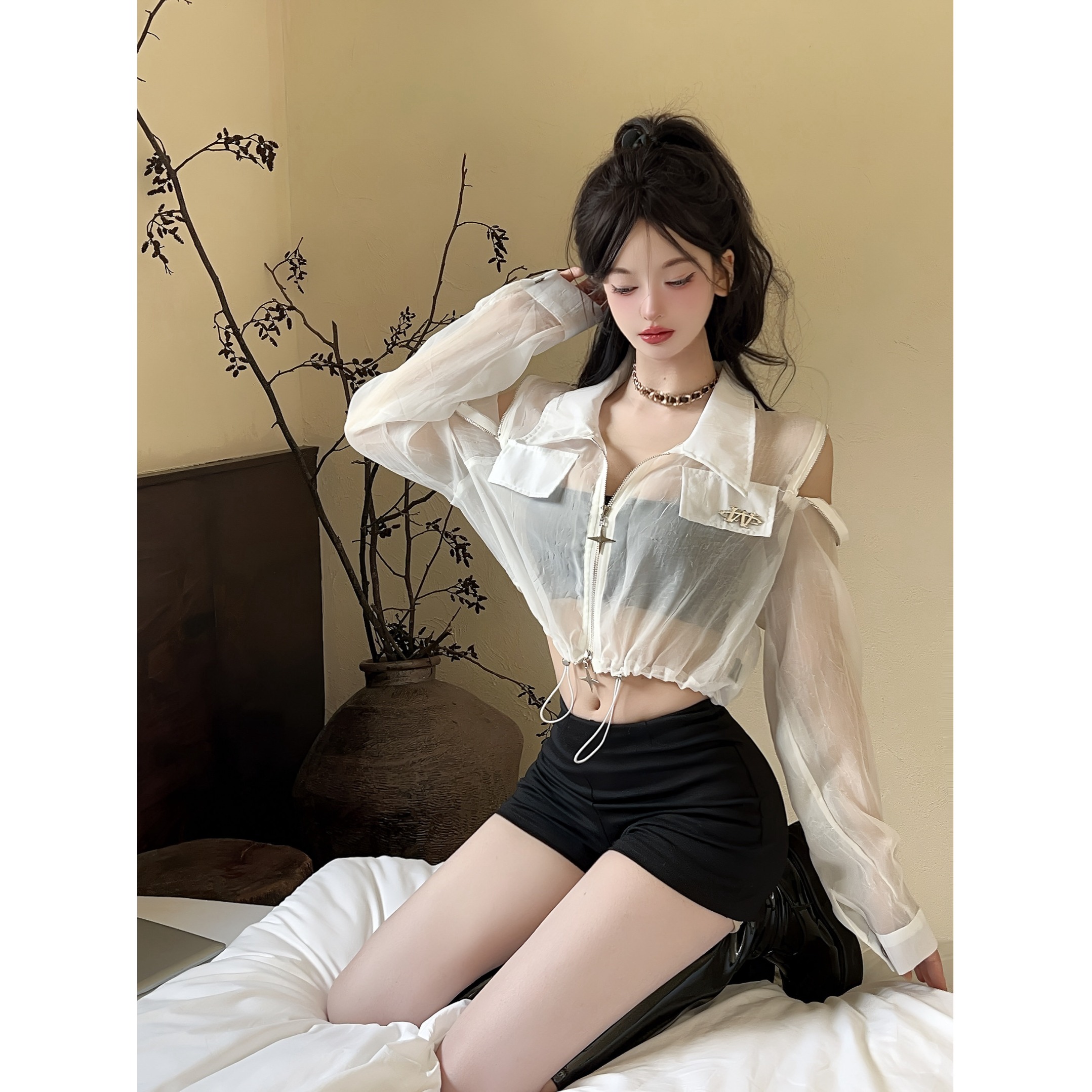 辣妹时髦小众设计感露肩可拆卸拉链拼接网纱防晒衫薄款外套上衣女