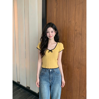 甜美减龄撞色蝴蝶结短袖针织T恤女夏季高级感气质百搭正肩短上衣