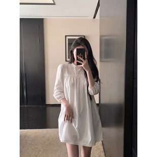 少女风白色圆领七分袖娃娃连衣裙女秋季甜美减龄显瘦设计感气质裙
