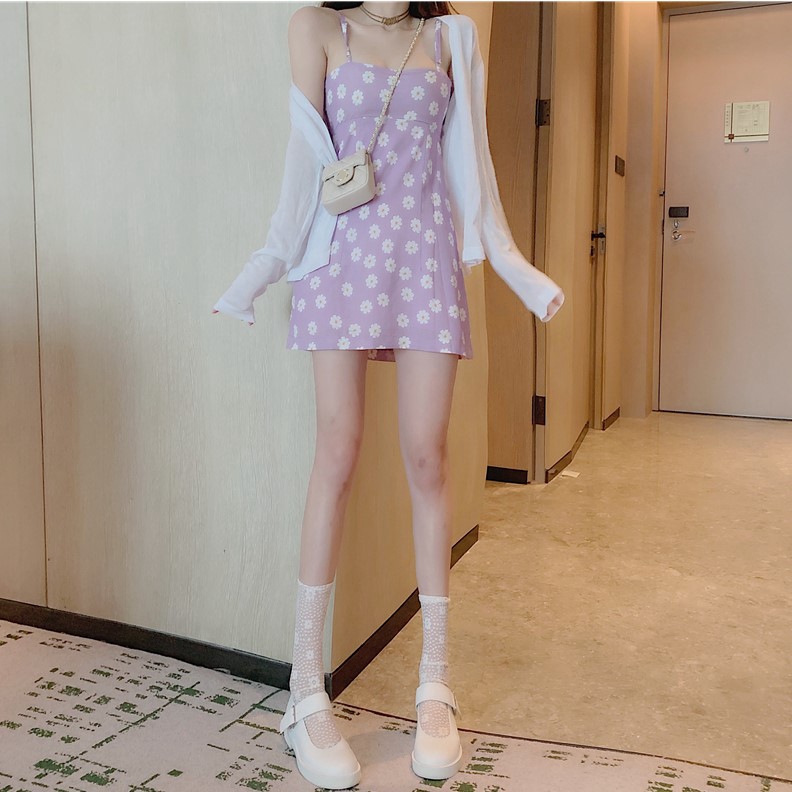 2019夏季新款复古印花吊带裙+防晒衣长袖针织开衫套装两件套女装31.97元包邮
