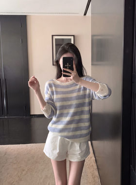 韩系蓝白条纹宽松套头毛衣女秋季