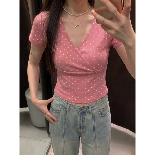 韩系玫红波点V领显瘦短袖T恤女夏