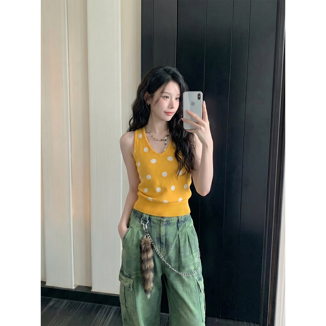 美式辣妹橙色波点挂脖背心显瘦图片